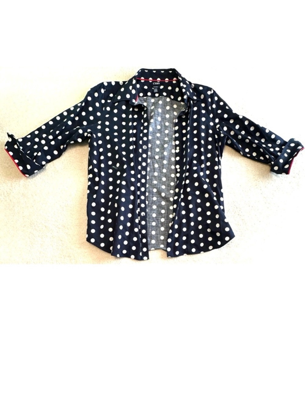 Chaps Navy & White Polka Dot Button-Down Shirt No-Iron 100% Cotton Top Blouse - Picture 2 of 8